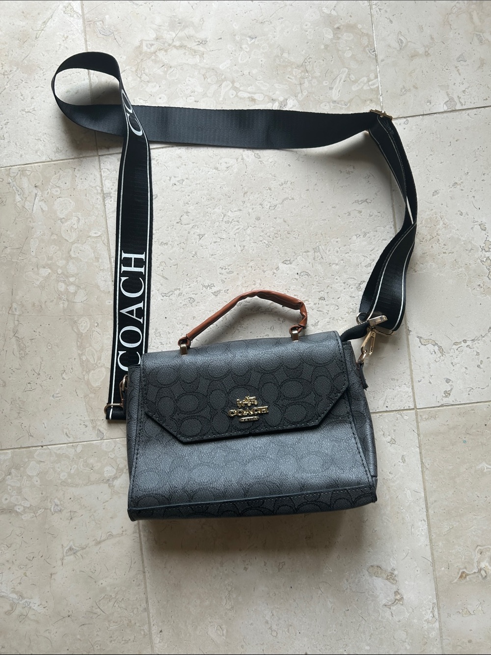 Coach Black Signature Small Crossbody Bag with Brown Top Handle